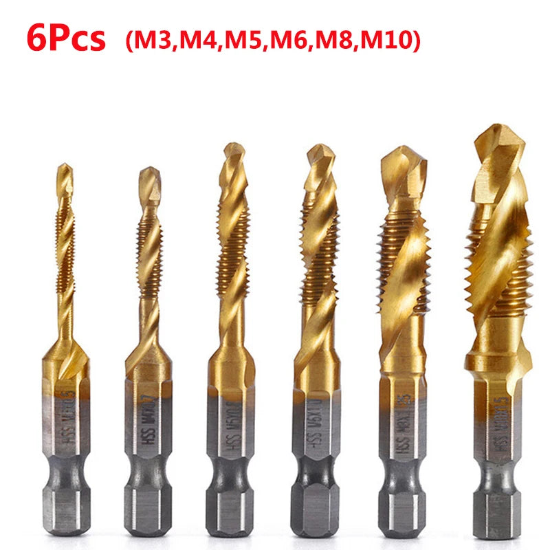 Forets tarauds plaqués titane tige hexagonale HSS — M3, M5, M6, M8, M10, outils à main
