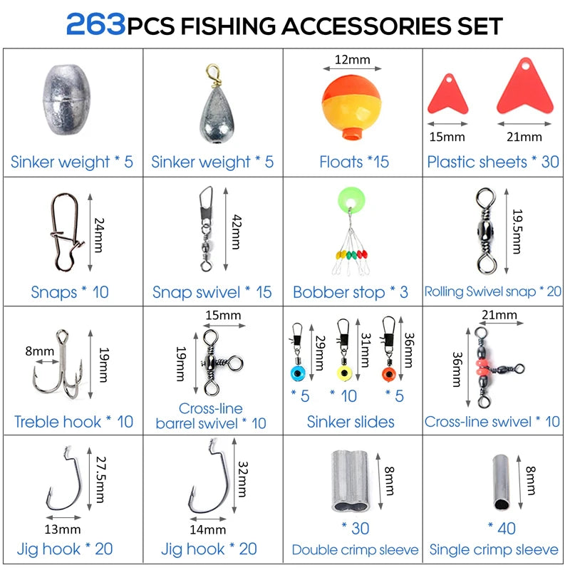 Ensemble d'accessoires de pêche en plein air, 263 pièces, avec boîte à matériel, y compris pinces, crochets de gabarit, poids pivotant, boutons-pression, Kit de diapositives de plomb