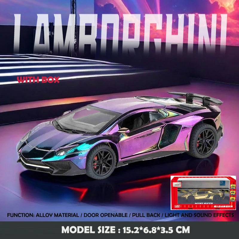 Modelo a escala de Lamborghini SVJ LP750 para niño, superdeportivo de juguete con sonido y luces, vehículo de fundición a presión, escala 1:32