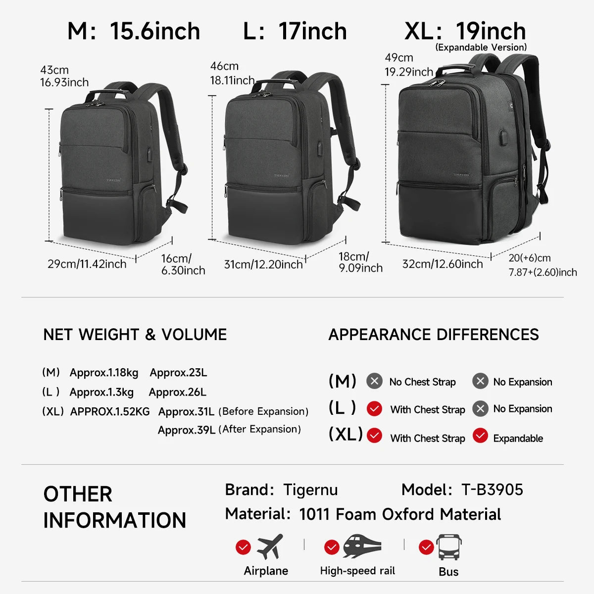 Sac à Dos Extensible 15,6-19" RFID Anti-Vol — Voyage Cartable Cabine Homme
