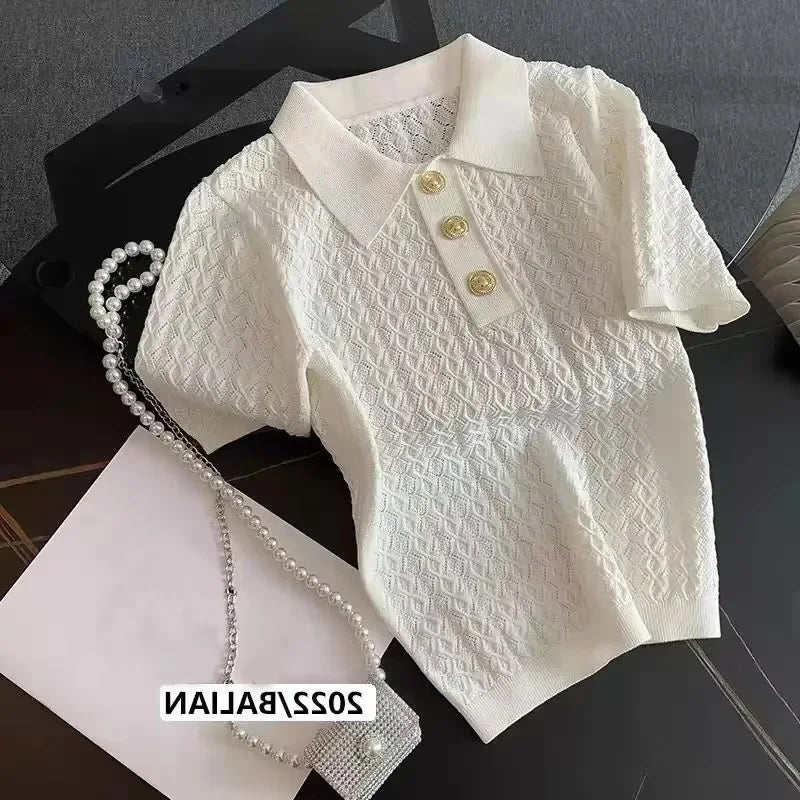 Polo en soie glacée tricoté à manches courtes, T-shirt d'été chic et fin, hauts jacquard uniques pour femmes, style coréen 2026, vêtements pour femmes