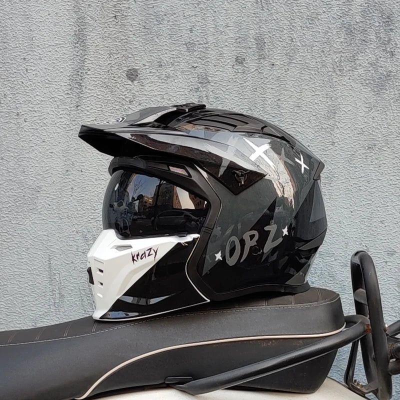 ORZ Vintage Motorcycle Helmet Black Warrior Motorcycle Helmet Combination Half Helmet Full Helmet Cruising Cascos Motorcross Capacetes