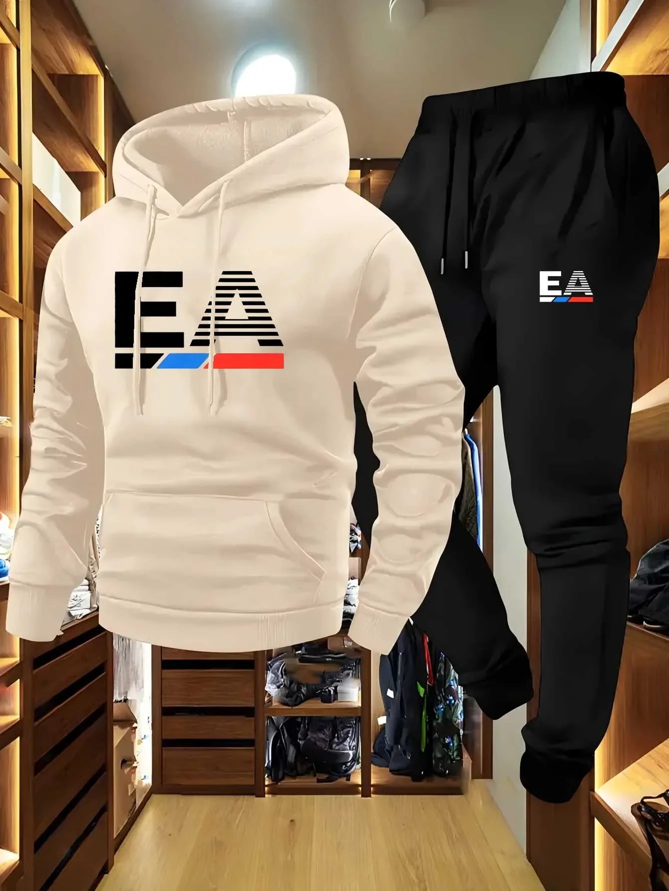 Men's two-piece sports outfit, hoodie and pants, gray black logo, regular non-stretch fit with pockets