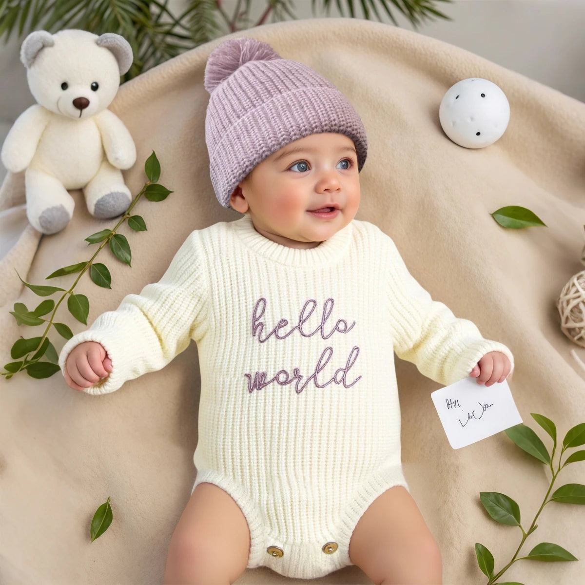 Barboteuse tricotée pour nouveau-né — chapeau à pompon assorti, pull bébé, tenues séance photo