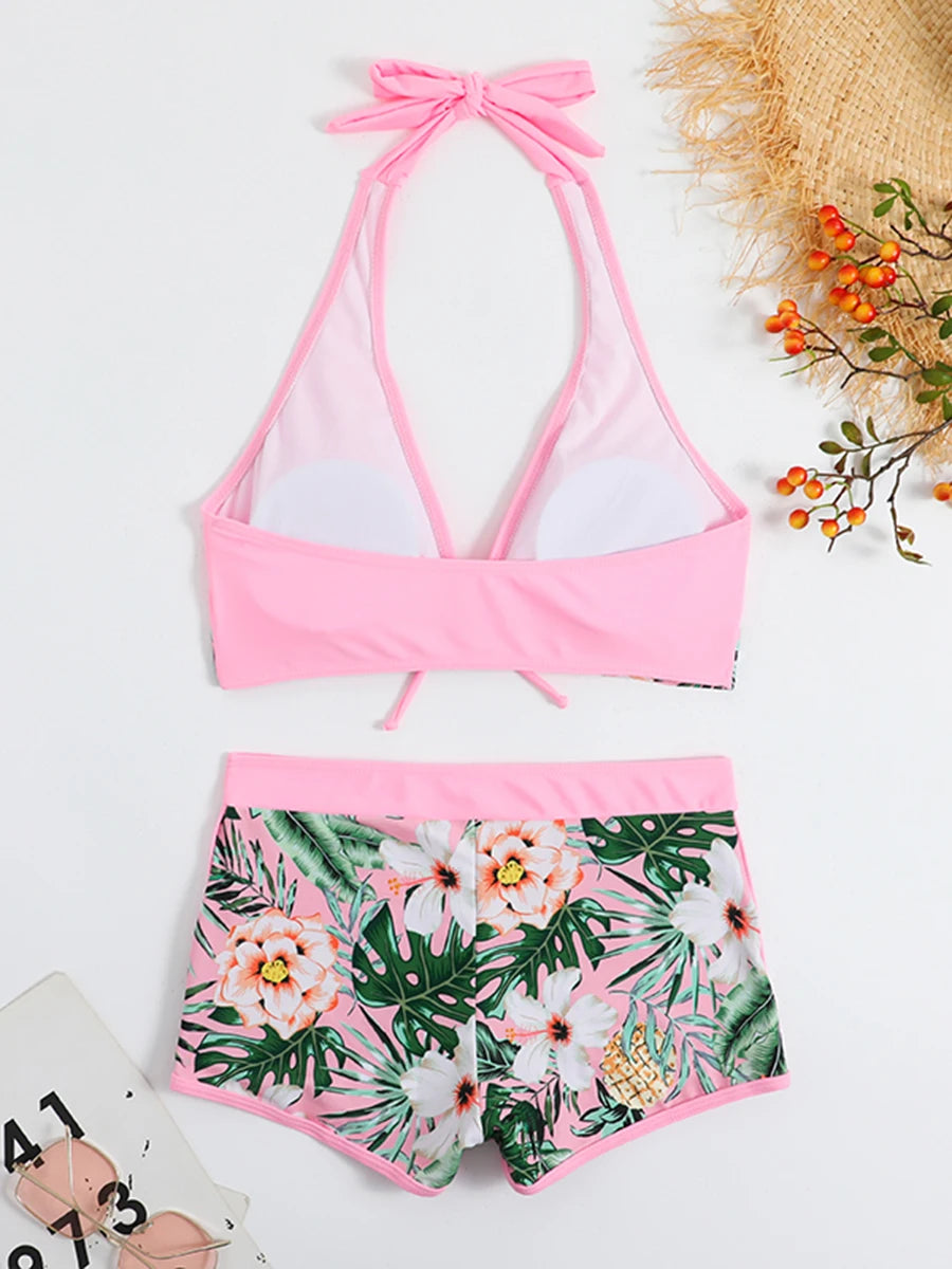 Ensemble de bikini halter 2026, maillot de bain court pour femme, maillot de bain taille haute imprimé, tenue de plage