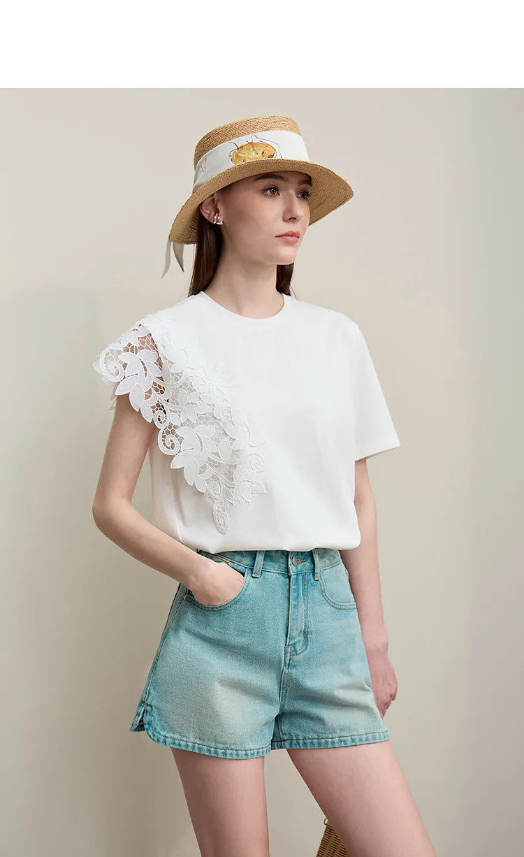T-shirt femme 2026 été — col rond, coton, anti-transpiration, dentelle asymétrique, ample, manches courtes