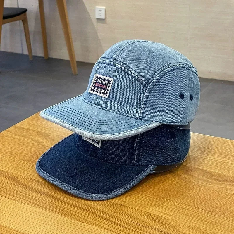 Vintage Denim Flat Brim Baseball Cap for Men and Women, Harajuku Snapback Cap, Streetwear Fashion, 5-Panel Skateboard Hat