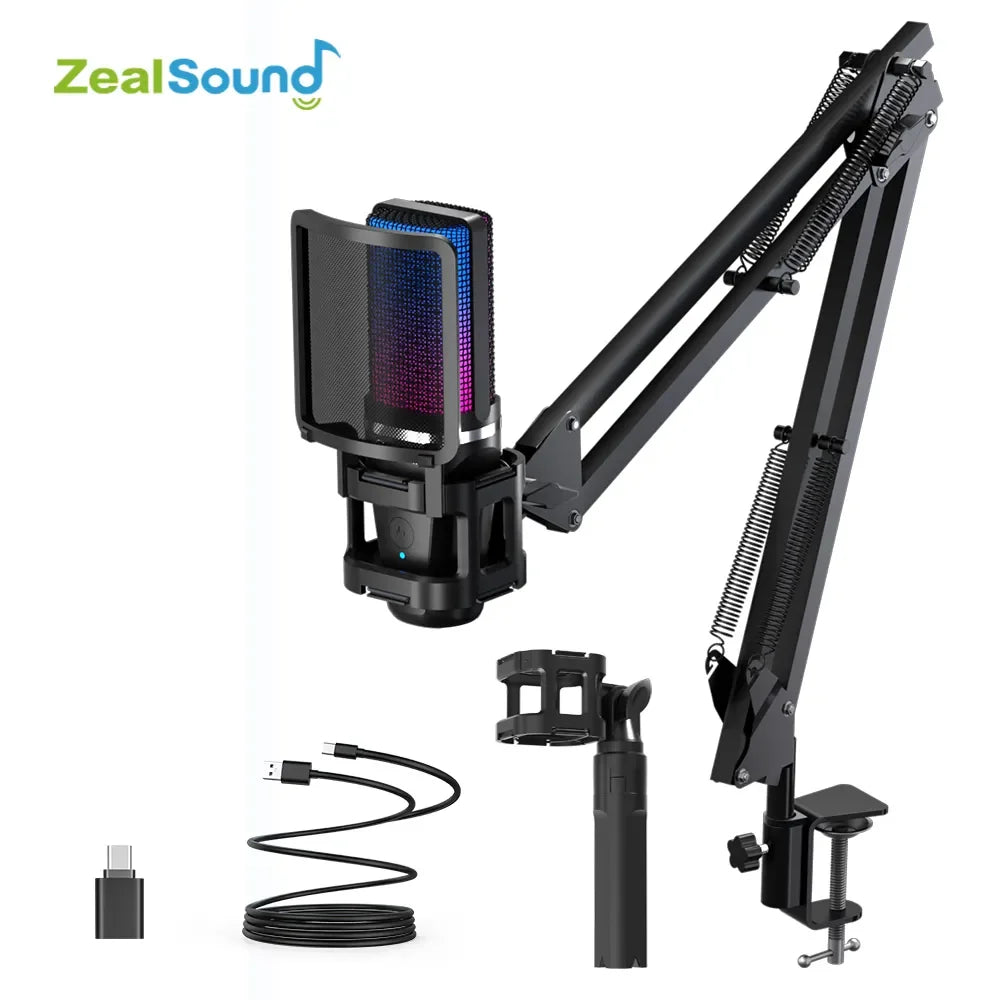 Zealsound – Microphone USB à condensateur RGB avec bras articulé pour gaming, podcast et streaming