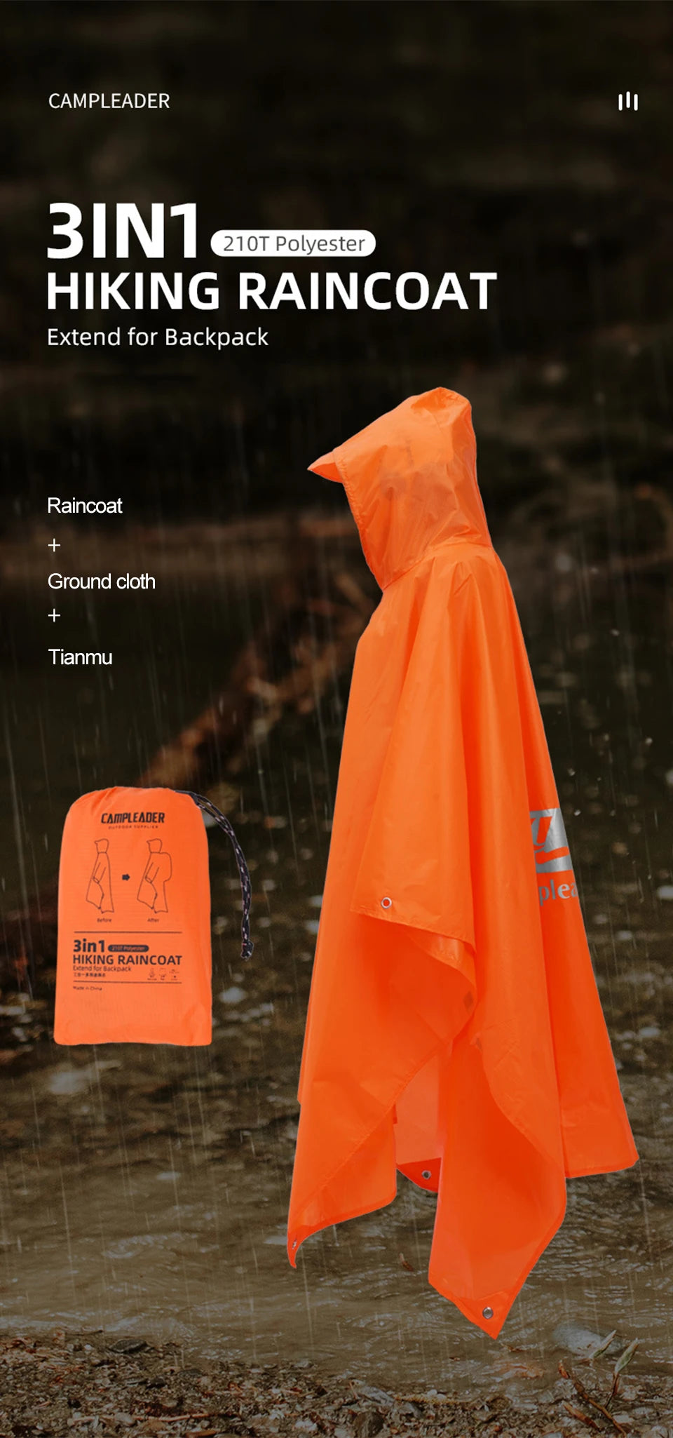 Manteau imperméable d'extérieur 3 en 1, manches longues à capuche, Poncho de pluie imperméable pour moto, Camping, randonnée, voyage, tente