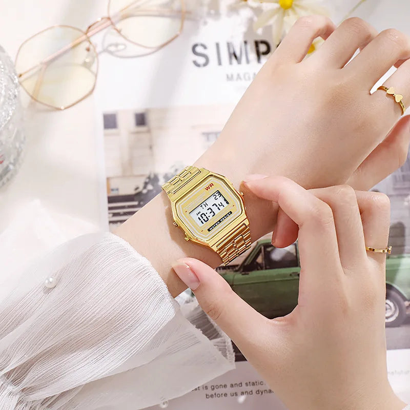 Relojes de lujo de oro rosa para hombres y mujeres, pantalla digital electrónica, reloj estilo retro