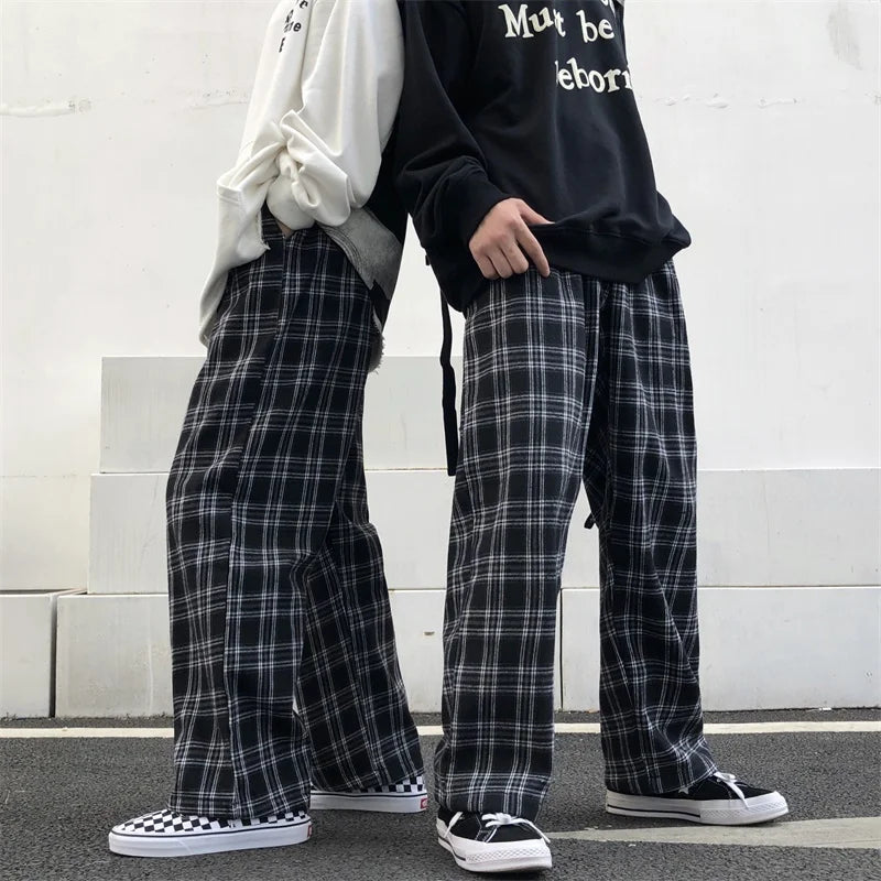 Pantalones oversize de mujer, de chándal, de moda de verano, a cuadros negros, casuales, de cintura elástica, con bolsillos casuales, para estudiantes, unisex