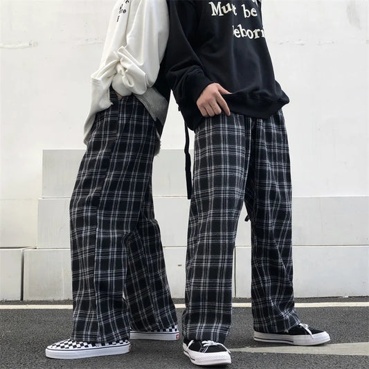 Pantalons surdimensionnés femmes pantalons de survêtement mode d'été noir Plaid pantalons décontractés taille élastique poches décontractées étudiant unisexe pantalon