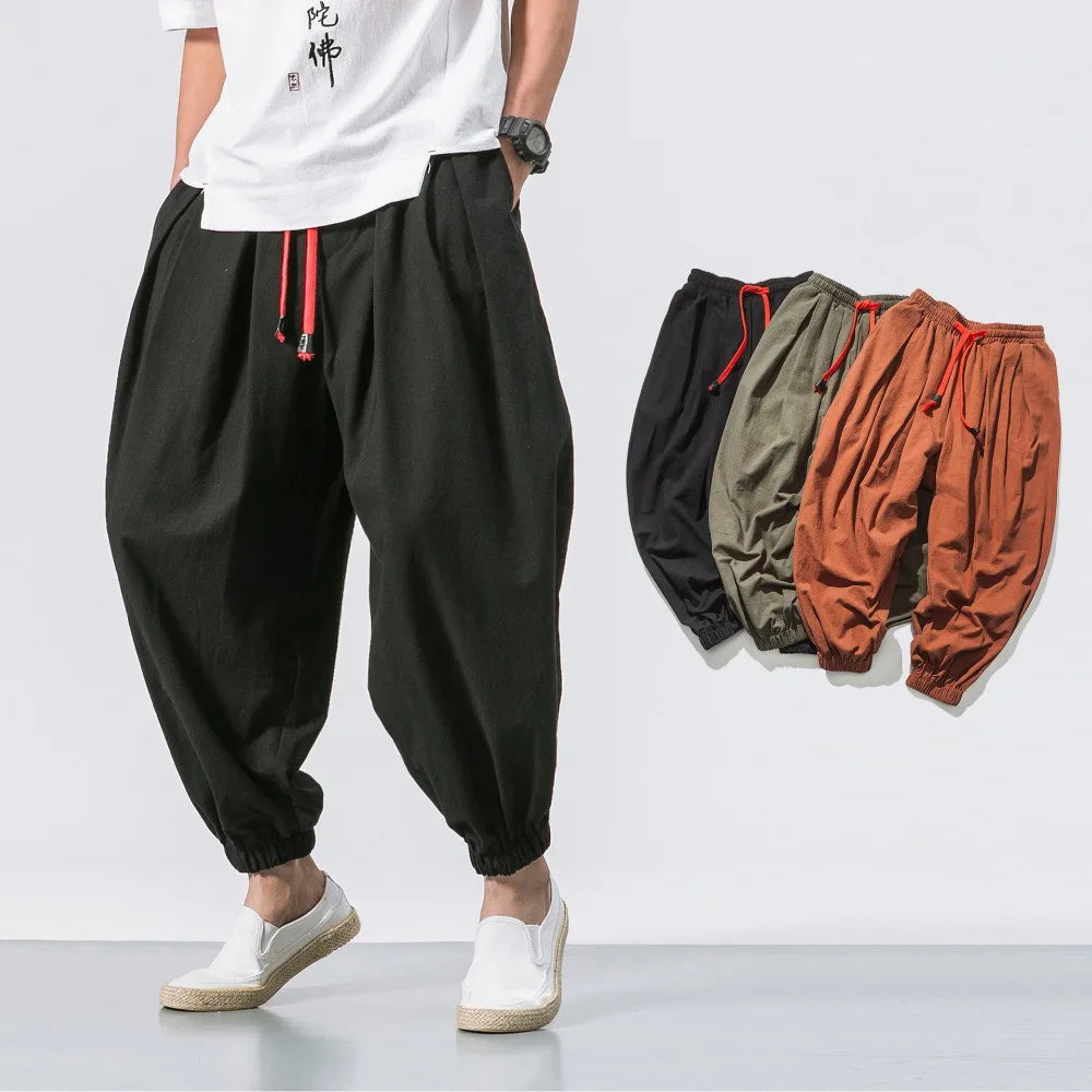 Men's Cotton Linen Harem Pants, Casual Joggers, Chinese Style, High Quality, New