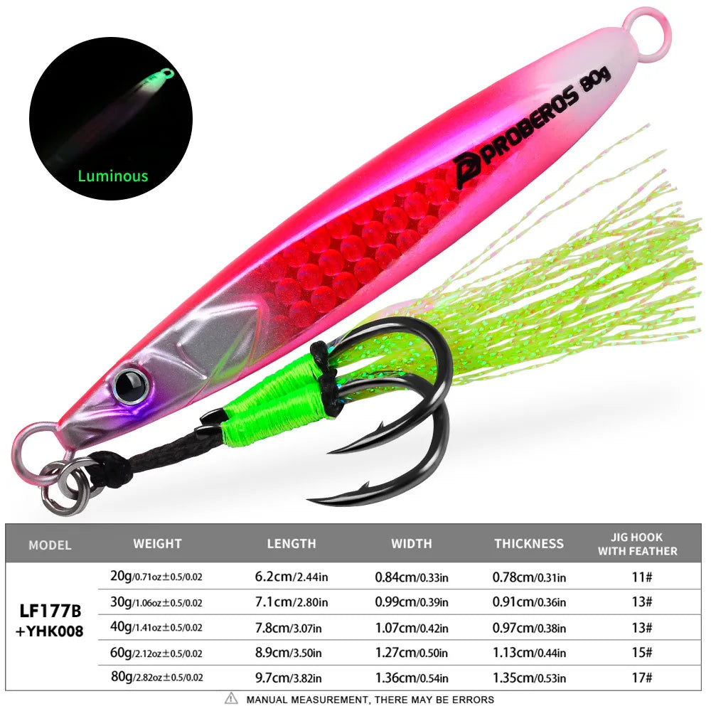Leurre de pêche en métal lumineux LHFSH, appât dur 20g-80g à coulée lente avec hameçons triples pour la pêche au bar et au thon