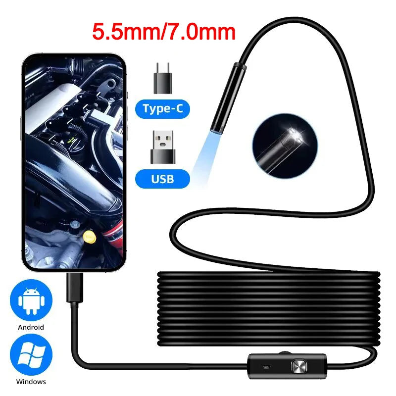 Caméra endoscopique type-c 5.5/7.0MM, étanche IP67, avec 6 led réglables, USB, Android, Endoscope d'inspection Flexible pour téléphone et PC