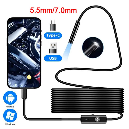 Cámara endoscópica tipo C de 5,5/7,0 mm, IP67 a prueba de agua, con 6 LED ajustables, USB, Android, endoscopio de inspección flexible para teléfono y PC