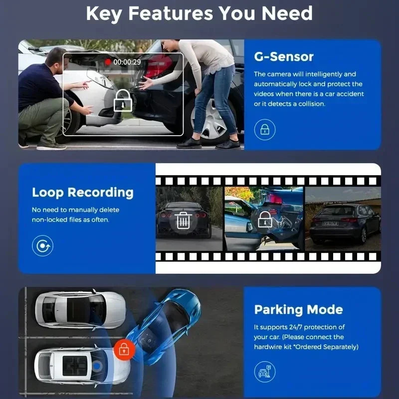 Dashcam WiFi 3/2 Objectifs 1080P — Vision Nocturne Avant Arrière Enregistreur