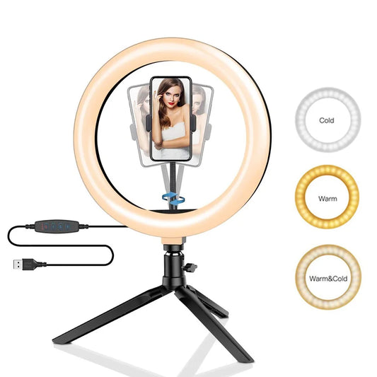Anneau Lumineux LED Selfie 26cm 120 Perles avec Trépied — Kit Éclairage USB Vidéo