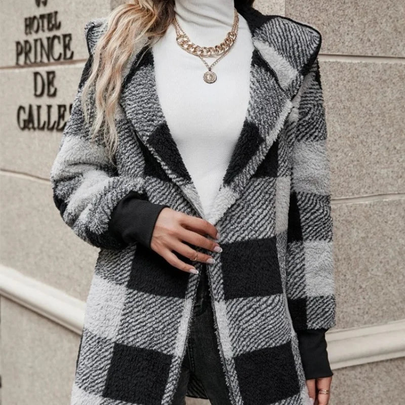 Women's Plaid Double Fleece Cardigan, Soft Loose Long Sleeve Plush Warm Hooded Jacket, Patchwork Outerwear Coat, Autumn Winter