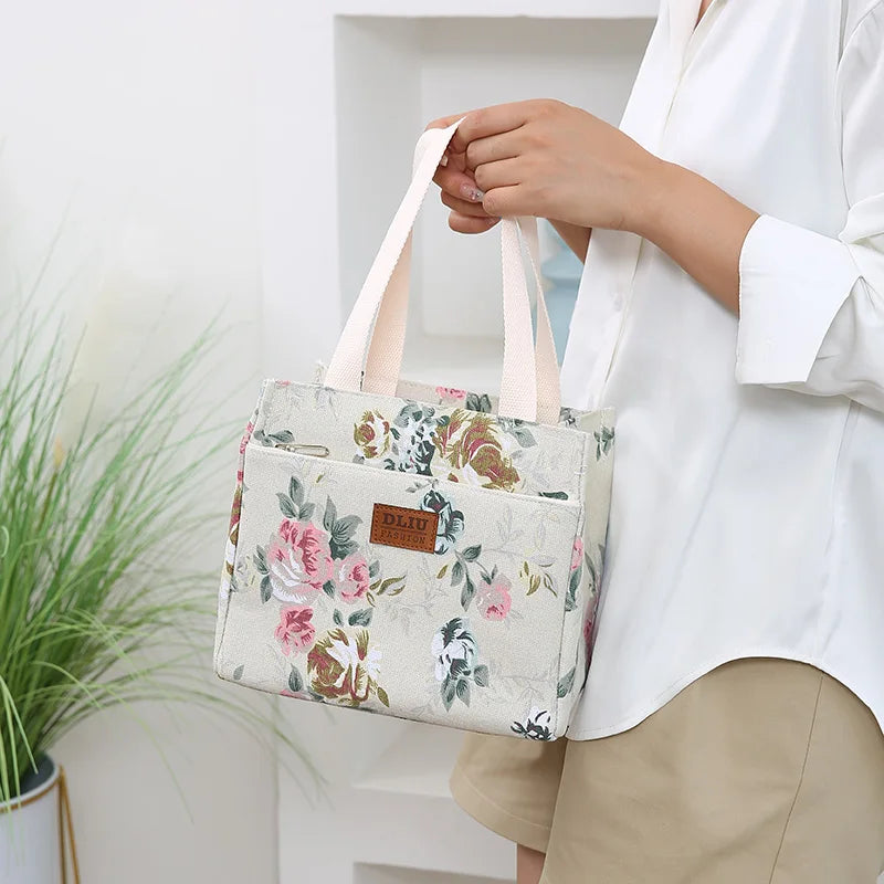 Bolsa de almuerzo estética con estampado floral, bolsa bento aislada de gran capacidad, bolsa térmica para la escuela, el trabajo, los viajes y pícnic