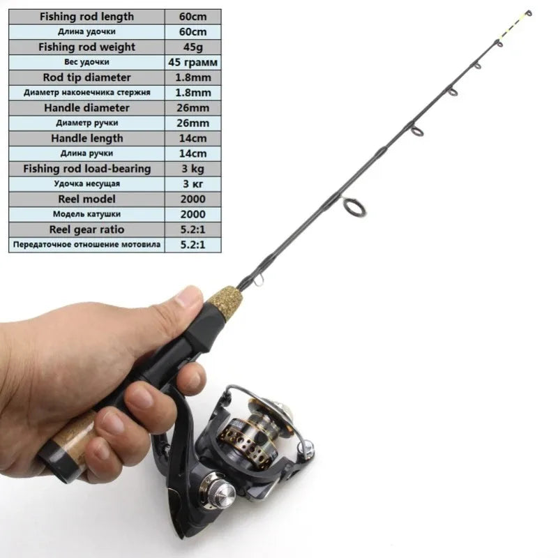 Canne à Pêche sur Glace Télescopique 60cm avec Moulinet — Carbone Hiver