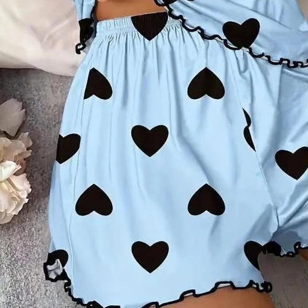 Conjunto de pijama para mujer, camisetas y pantalones cortos, camiseta rosa con estampado de corazón, cuello redondo, top de seda helada, cómodo e informal, verano