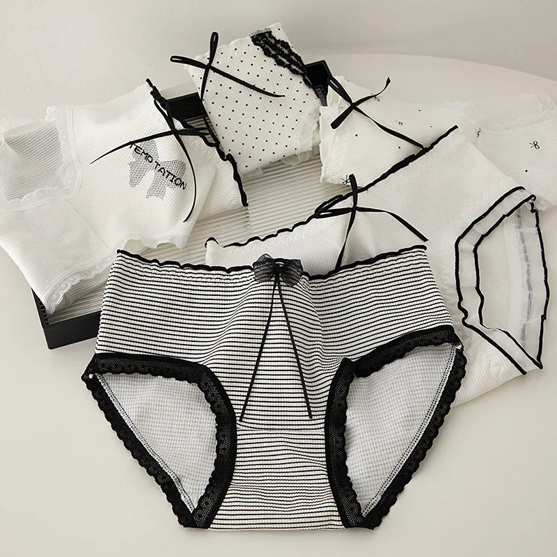 Culottes Coton Doux Nœud Dentelle Femme — Lot de 5 Pièces