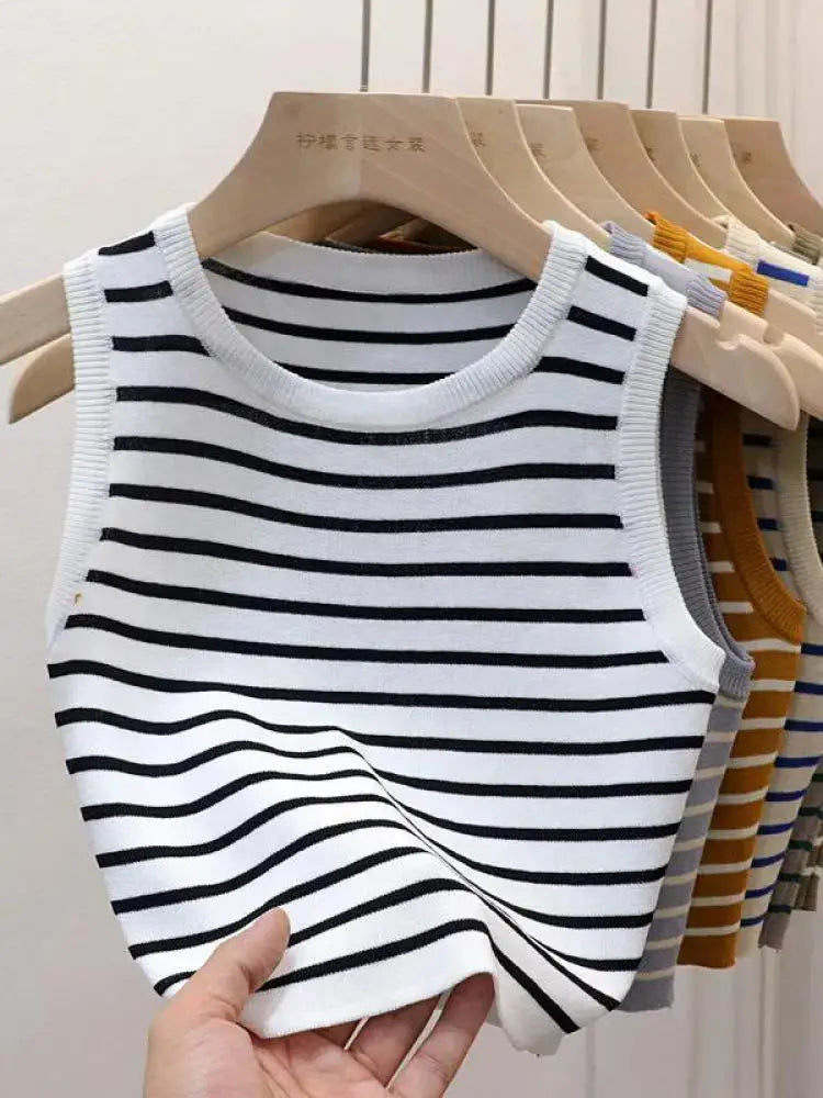 Débardeurs rayés tricotés sans manches pour femme, collection Printemps-Été 2026, style crop top, coupe ajustée élastique, décontracté, pull-over, camisole