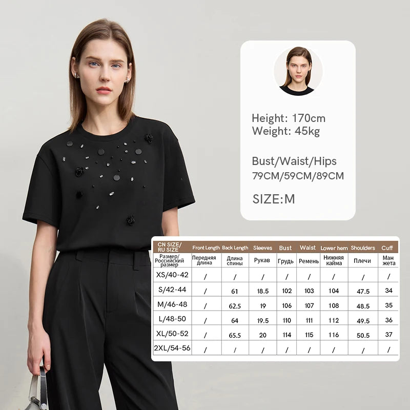 T-shirt femme 2026 — col rond, perle tridimensionnelle, fleur, diamant, tricot, ample