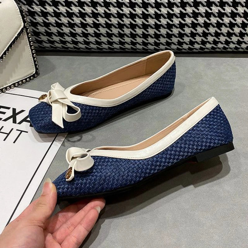 Zapatos de mujer 2025 nueva pajarita tejida punta cuadrada bailarinas de mujer Suela blanda zapatos de mujer de moda de talla grande Zapatos de mujer