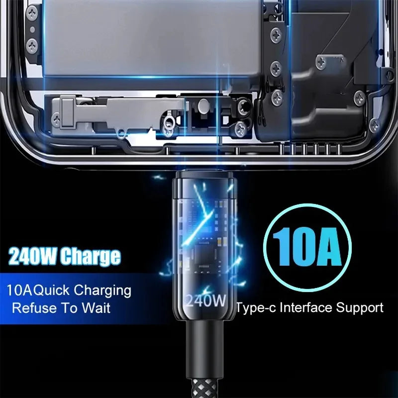 0,25/1/1,5/2M 240W Cable de datos de carga súper rápida USB C PD de nailon con pantalla digital LED, cables de datos de carga rápida USB a Tipo C