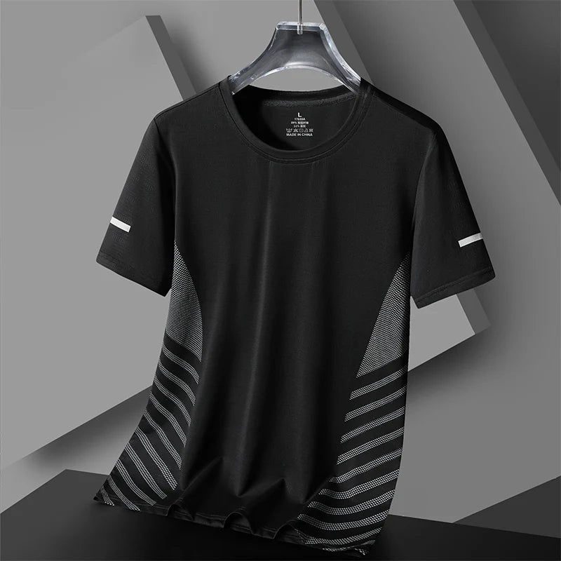 Men's Short Sleeve Running T-Shirt, Thin Ice Silk Top, Reflective Print, Quick Dry, Breathable, Fitness, Sport, 5XL
