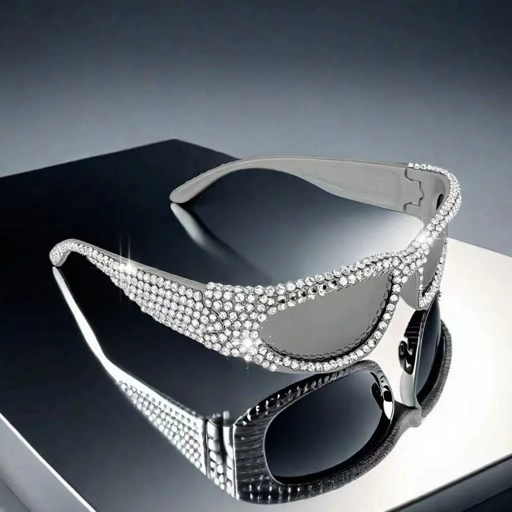 Y2k Full Rhinestone Super Shiny Silver Sunglasses Exaggerated Dense Diamond Bling Shades for Sparkle Party Sunglasses