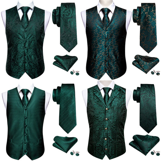 Gilet pour homme vert Paisley Floral slim — sans manches, formel, cravate, pochette assortie