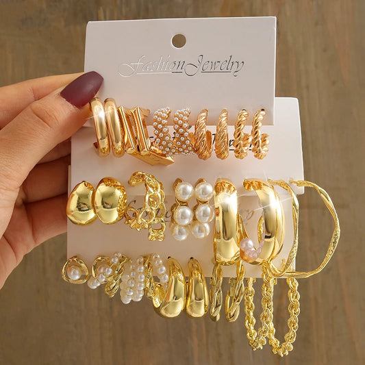 Vintage Geometric Pearl Earrings Set for Women, Gold Color Square Metal Thread, Round Simple Trendy Party Jewelry