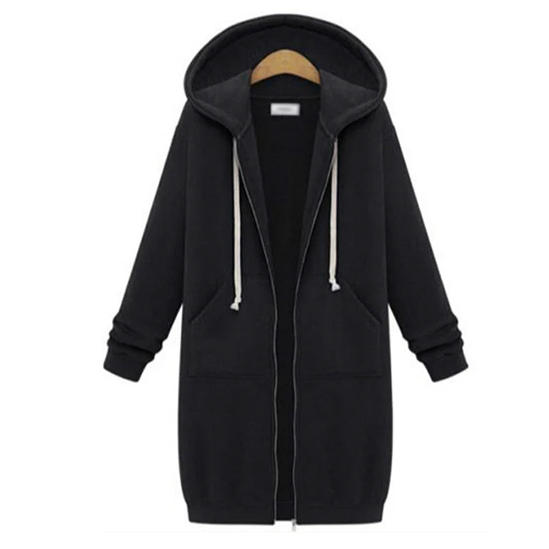 Women's Thick Hooded Parka, Loose Jacket with Zipper, Pockets, Maxi Length, Sporty Dress, Outerwear, Autumn Winter 2024