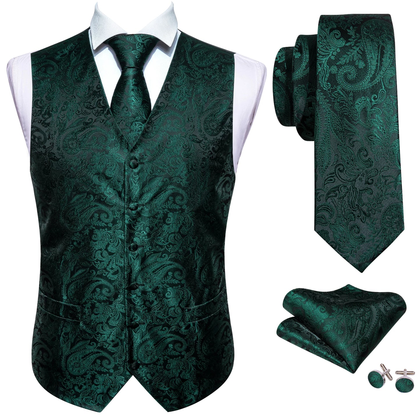 Lujo para hombre, conjunto de chaleco verde Paisley Floral Slim, para hombre, chaleco de vestir sin mangas, formal de trabajo, con corbata y pañuelo, de Barry Wang
