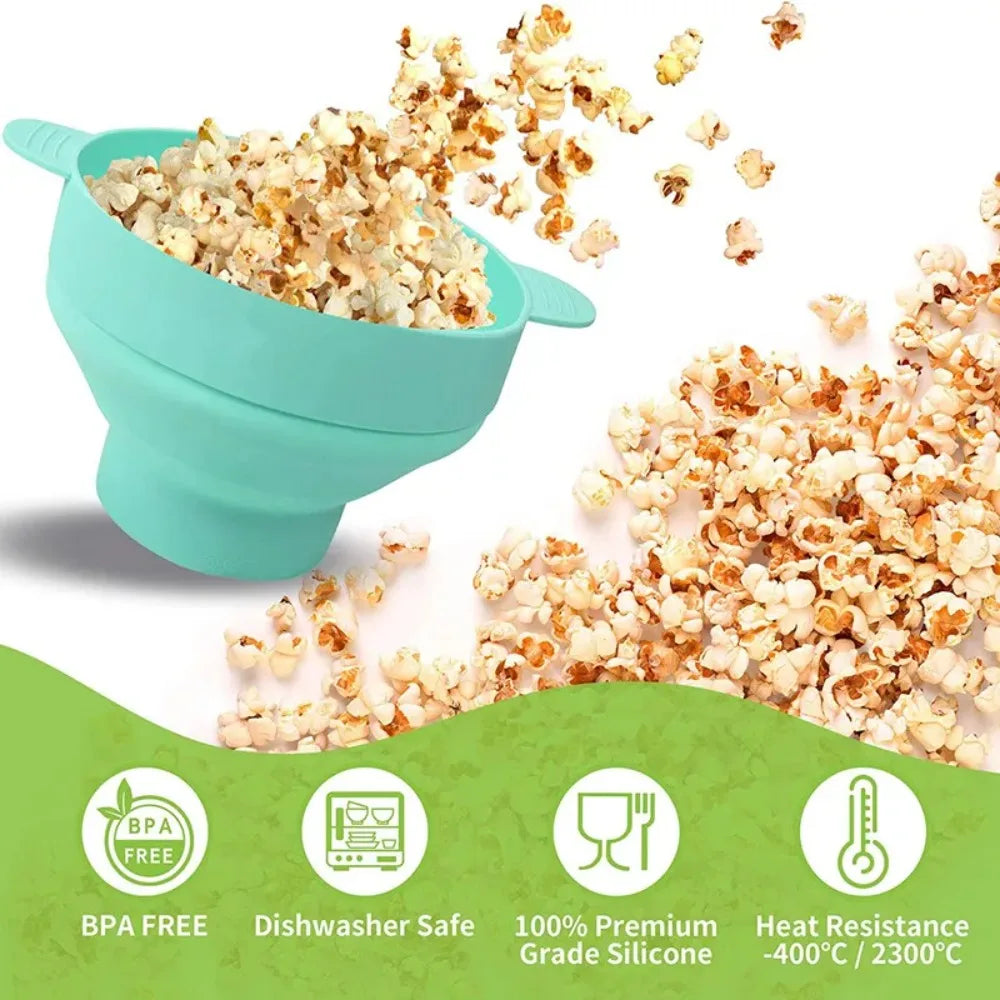Palomitas de maíz de silicona para microondas, plegable con tapa, cubo de palomitas de maíz DIY, apto para lavavajillas, para el hogar, herramienta de cocción para ver películas