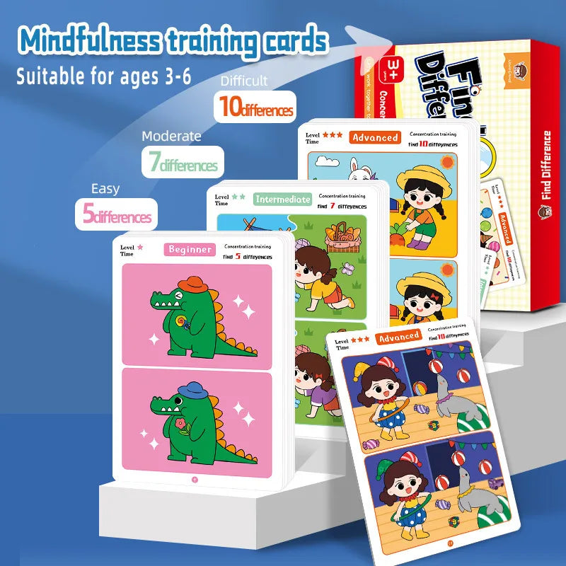 Juego de cartas educativo y reutilizable de dibujos animados para niños Encuentra las diferencias Encuentra niveles de dificultad para entrenar la atención y la concentración