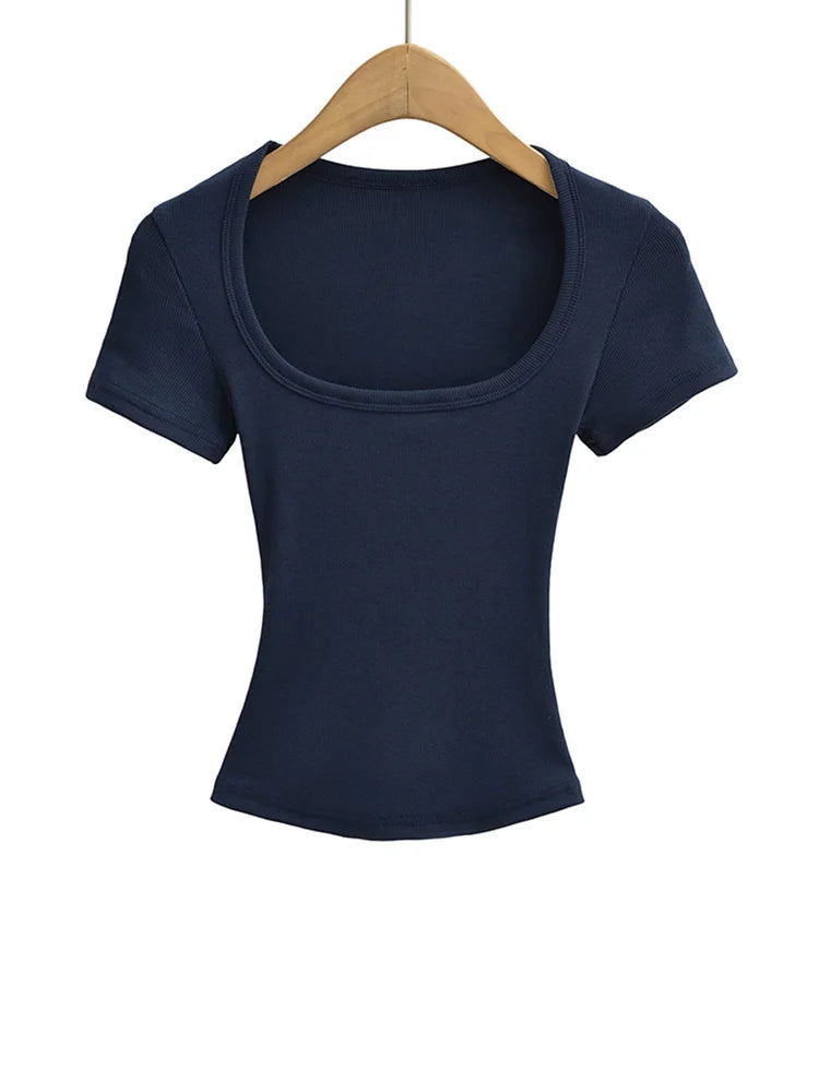 Haut court à col carré pour femmes, coupe cintrée, pull à manches courtes, très extensible, chemisier d'été Sexy, T-shirt pour le fond