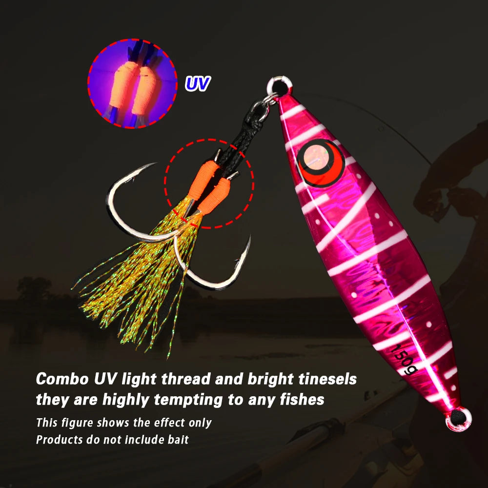 TOLU 10 pièces crochets d'assistance de queue de gabarit en métal 13-22 #   Avec ligne PE plume anneau solide gabarits uv hameçon pour 10-120g leurre crochets de pêche
