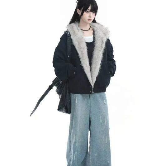 Veste de moto en cuir américain Harajuku pour hommes et femmes, veste en peluche simple rétro, col en fourrure, punk, chaud, nouveau, adt