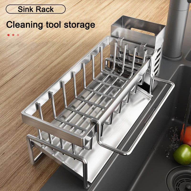 Stainless Steel Multifunctional Sink Cleaning Tools Storage Rack, Kitchen Sponge Scrubber Organizer, Dishcloth Hanger