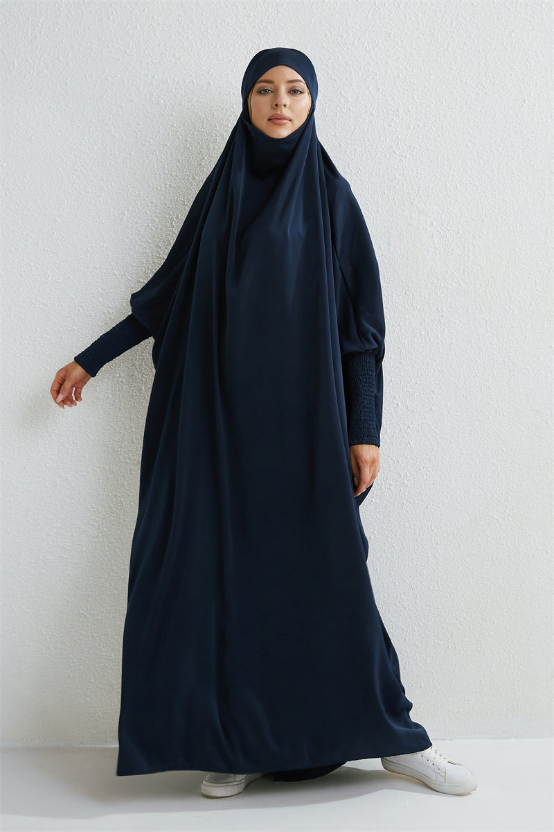 Abaya musulman à capuche manches smockées une pièce Robe de prière femmes Jilbab vêtements islamiques dubaï saoudien Robe noire modestie turque