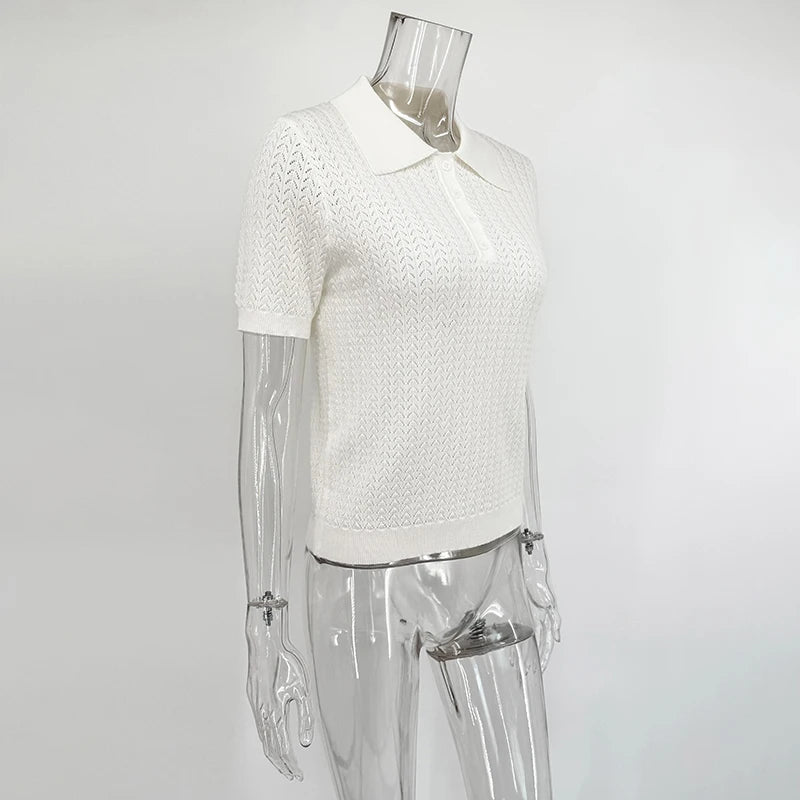 T-shirt femme en maille ajourée 2026 — manches courtes, décontracté, col à revers, tendance, uni