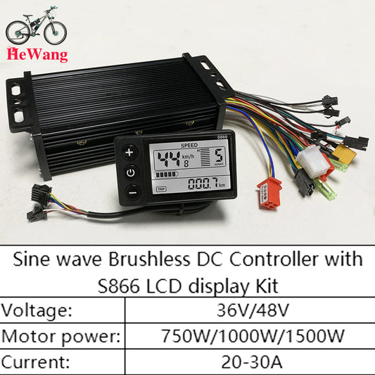 36V 48V 30A 750W 1000W 1500W E-Bike Sine Wave Brushless Motor Drive Controller + S866 LCD Display Kit for Electric Mountain Bike and Scooter
