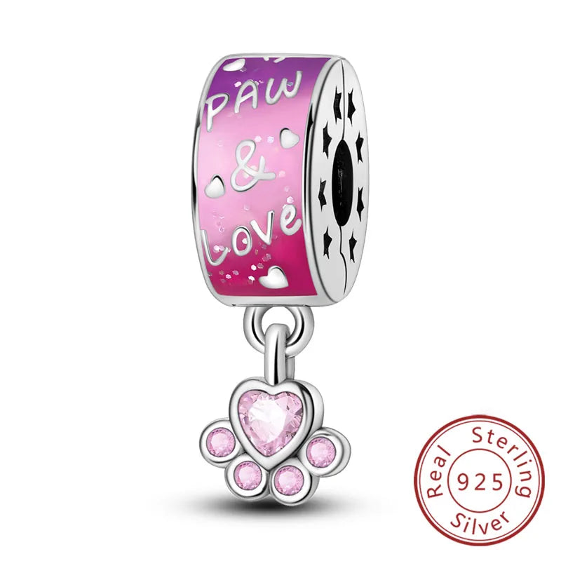 Abalorios de plata de ley 925 con huellas de perro, gato, corazón, animales, abalorios que se ajustan a pulseras, collares, colgantes, joyas para mujer, para hacer tú mismo