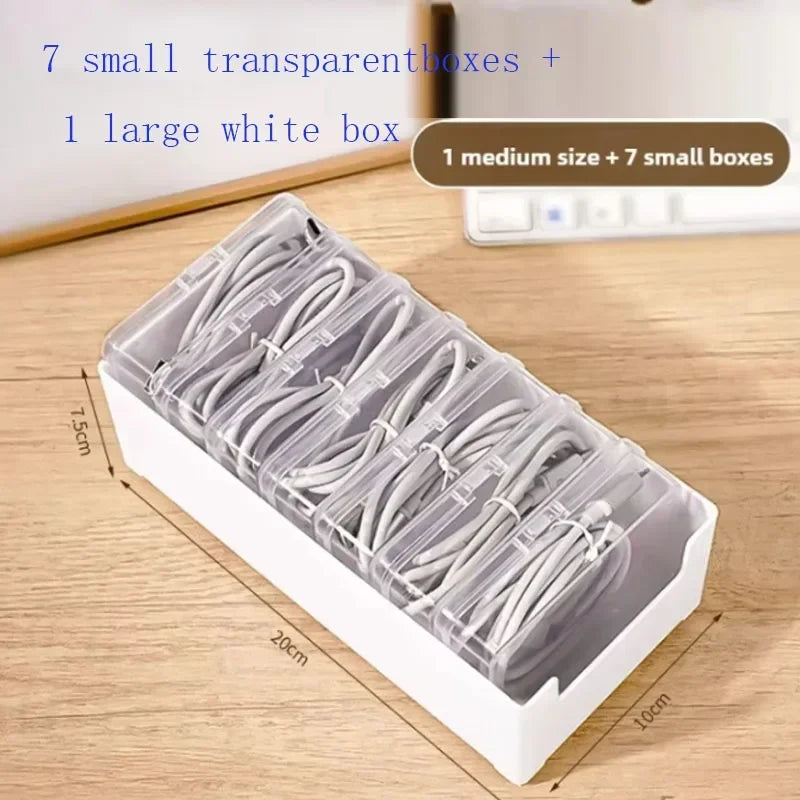 Clear Plastic Data Cable Storage Box, Household Cable, Mobile Phone Charger, Charging Cable Finishing Box, Divided Grid Box
