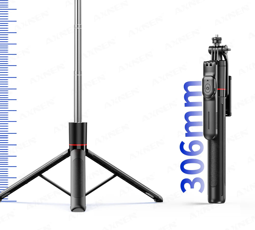 Perche à selfie trépied 1708mm avec télécommande Bluetooth — rotation 360°, interface 1/4", lumière optionnelle