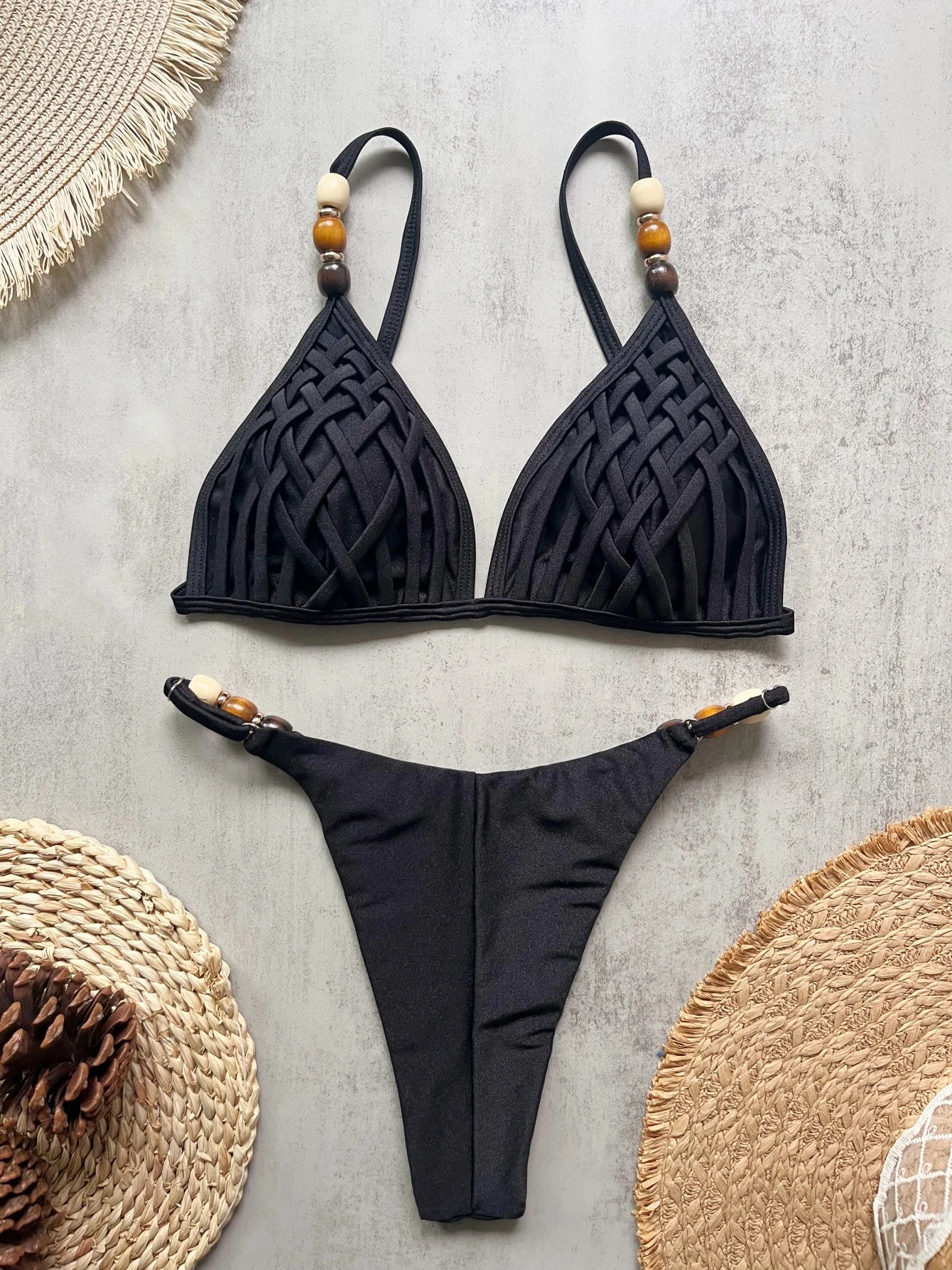 Sexy marron Bikini ensemble 2026 femmes perles sangle trou sur Push Up soutien-gorge string maillot de bain brésilien plage maillot de bain Micro maillots de bain
